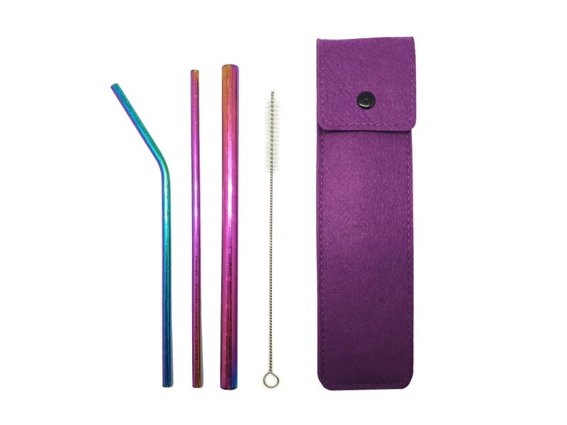 Reusable 4-in-1 Metal Straw Set With Felt Pouch (Textured)